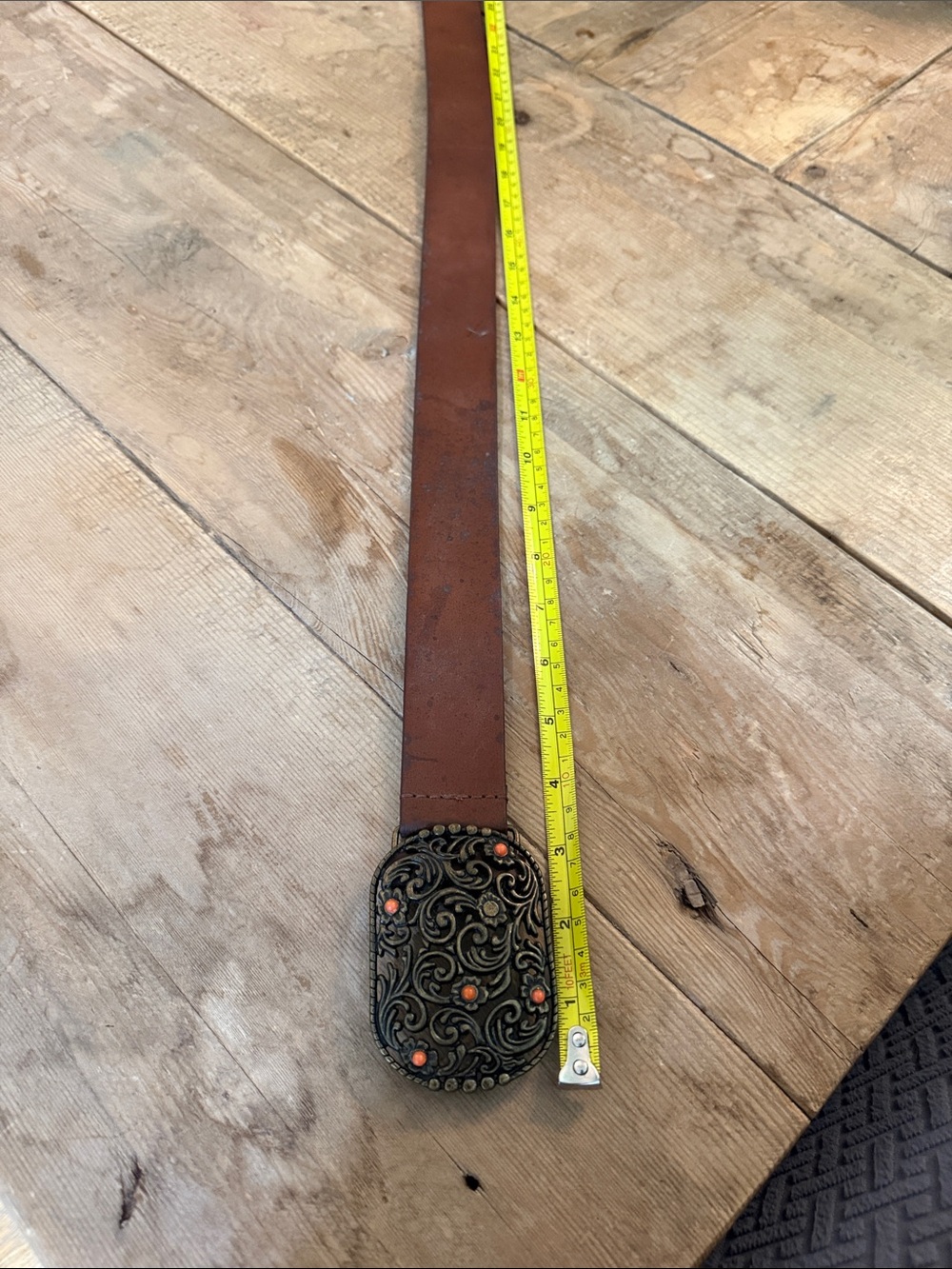 Brown Leather Men's Belt with Ornate Metal Buckle 40 inch